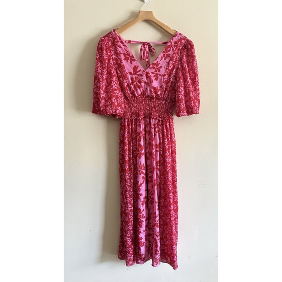 $139 Taylor Women's Pink Red Gown Slit Peasant  Chiffon‎ MIDI Floral Dress Sz 6 - Picture 4 of 5